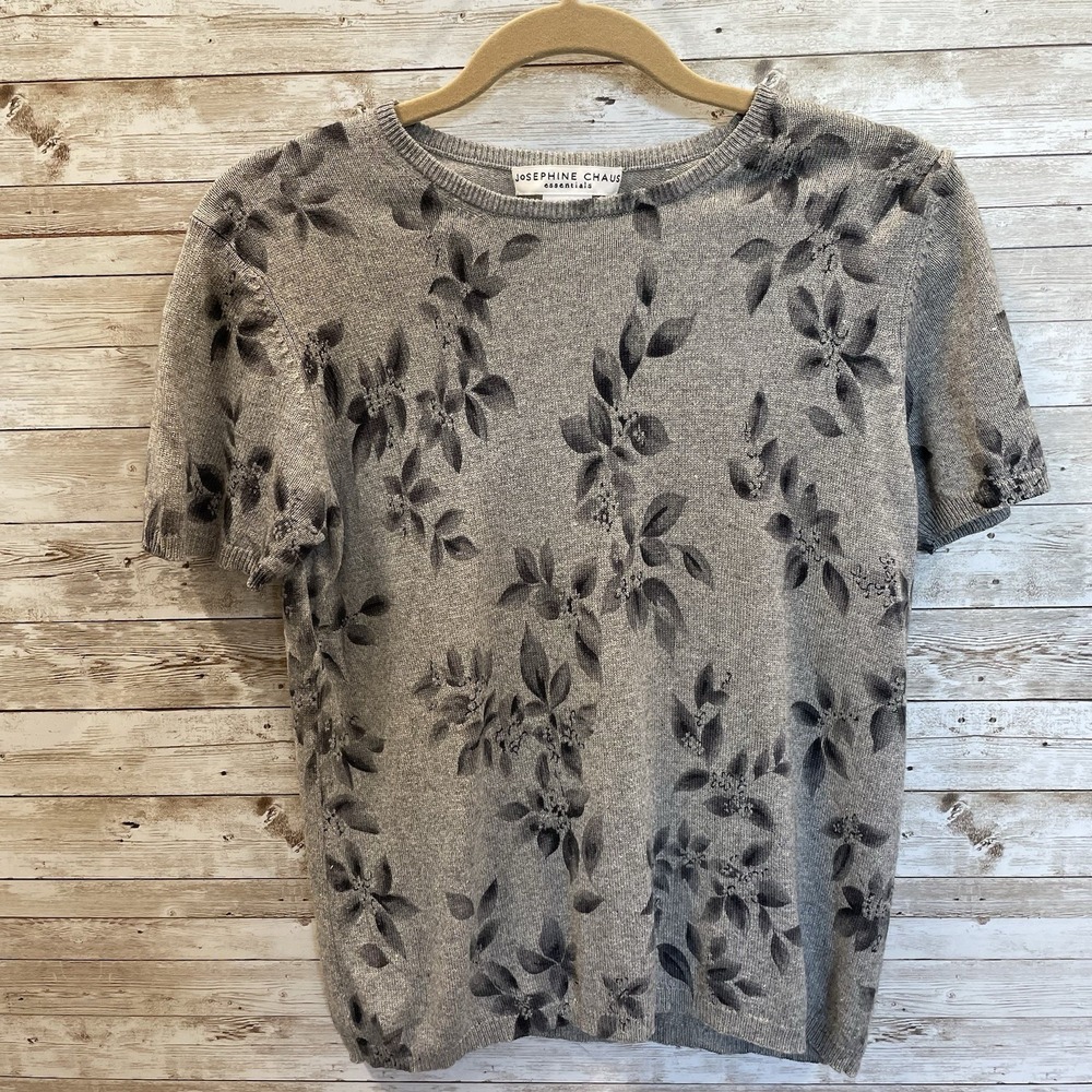 Josephine Chaus Womens M Sweater Silk Cashmere‎ Short Sleeve Gray Floral Crew